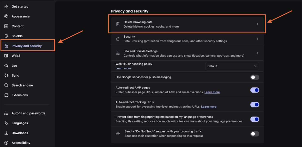Brave: Settings Privacy and Security