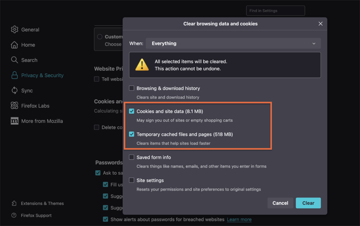 Mozilla Firefox:Clear all data