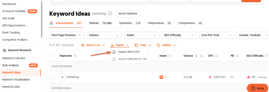 Keyword Ideas Report