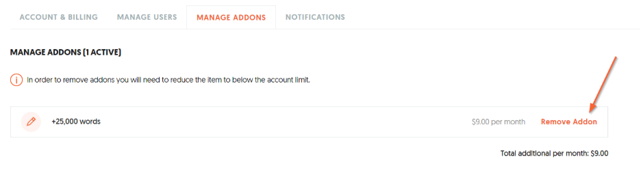 Manage Add-Ons page highlighting the Remove Add-On button
