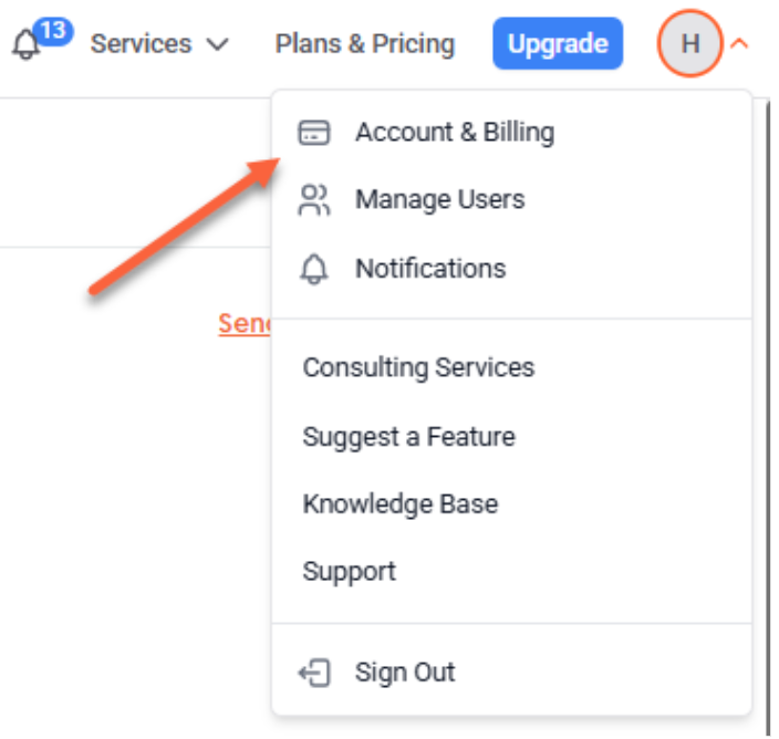 Profile menu opened with Account & Billing highlighted