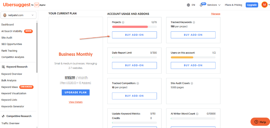Account and Billing: How to buy project add-ons in case you need to track additional websites.