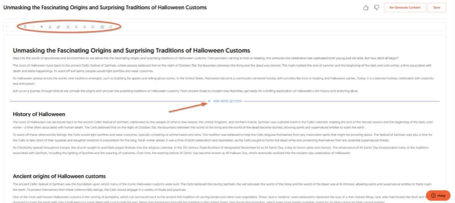 AI Writer: Users can adjust the content generated by the AI Writer tool, adding more content. 