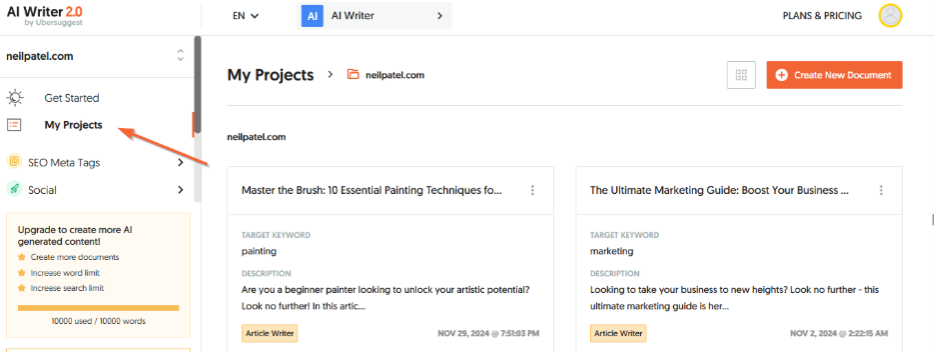 Find the articles generated in the ¨My Projects¨ section