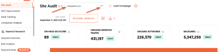 Ubersuggest Site Audit feature