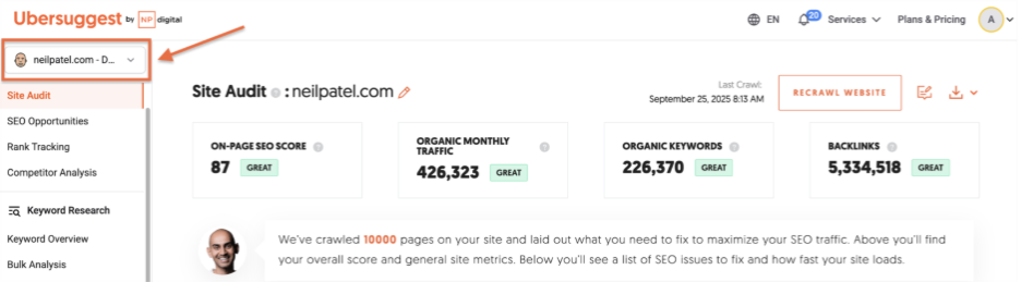 How to run a site audit in Ubersuggest