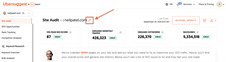 How to change the website to audit in the Site Audit feature