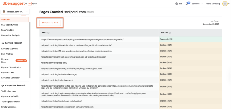 How to export the CSV file of the Site Audit report