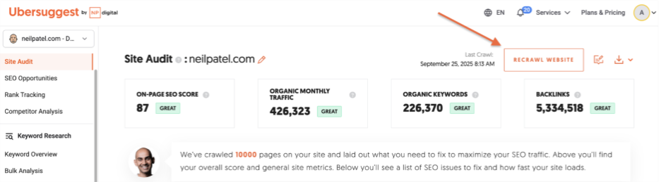 How to run a new audit in Ubersuggest