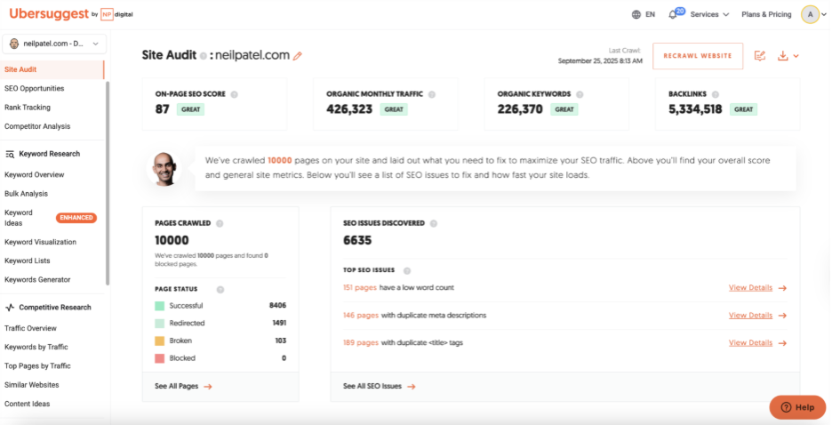How does the Ubersuggest Site Audit report looks like