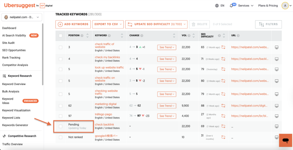 Rank Tracking - ¨Pending¨ status for keyword ranking position
