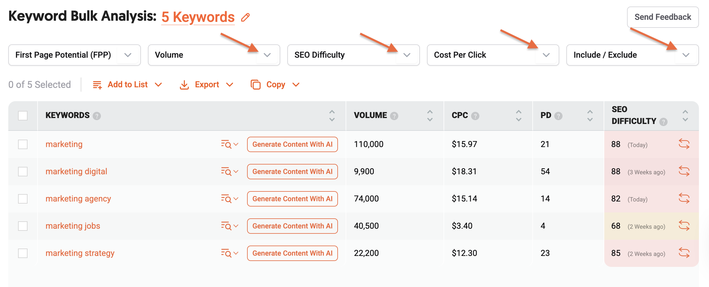 Filter options available in the Bulk Analysis section to refine keyword results