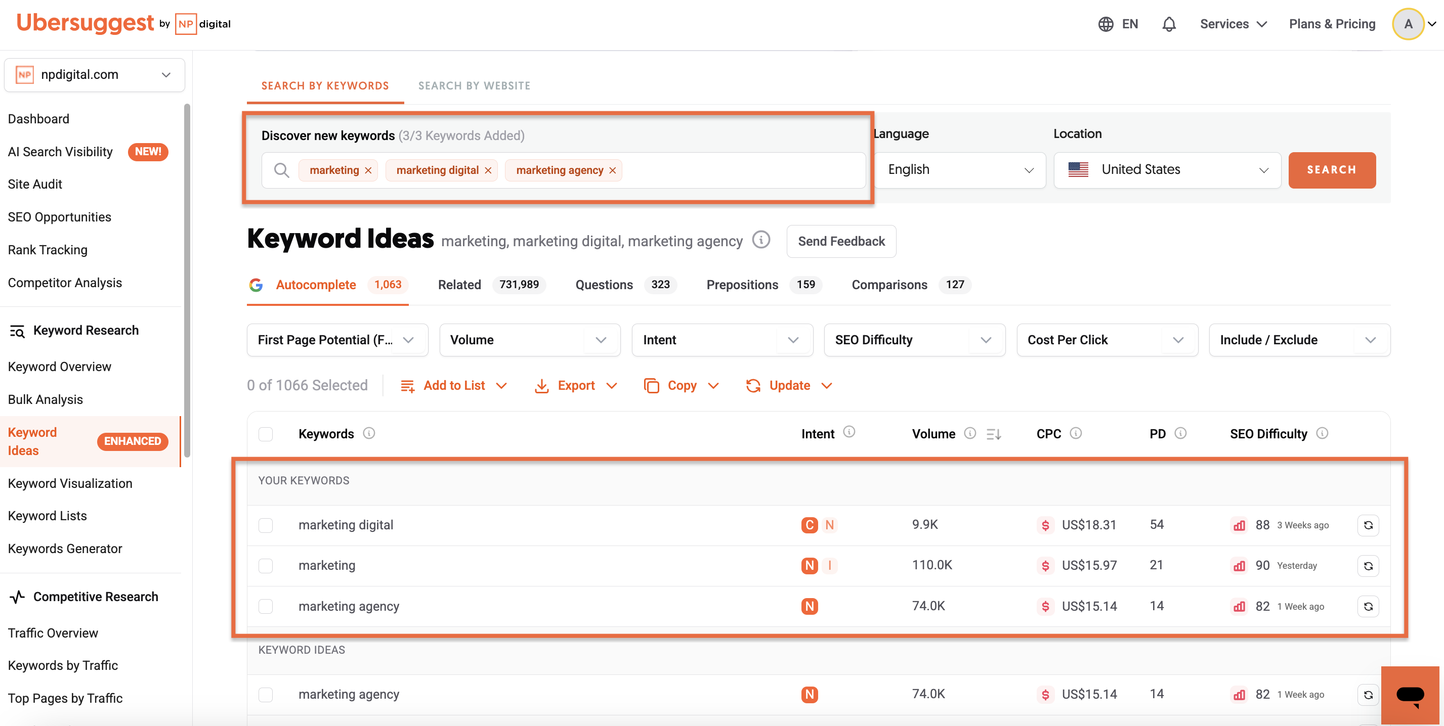 Keyword Ideas view showing three added keywords and how results appear in the report