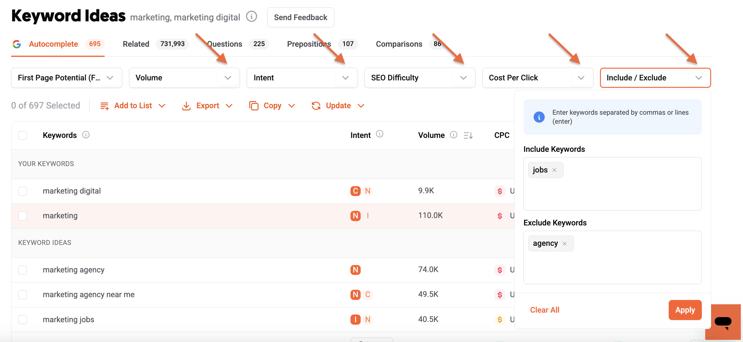 Keyword Ideas interface showing filters available to be applied