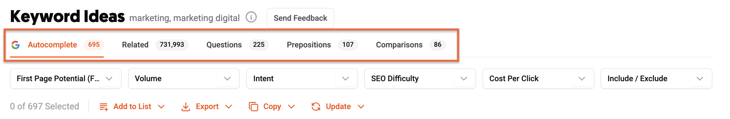 Keyword Ideas report showing branches for Suggestions, Related, Questions, and Comparisons.