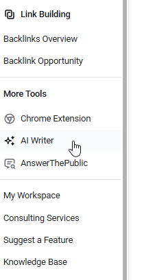 Screenshot of the&nbsp;Ubersuggest&nbsp;dashboard left navigation menu with “AI Writer” selected.