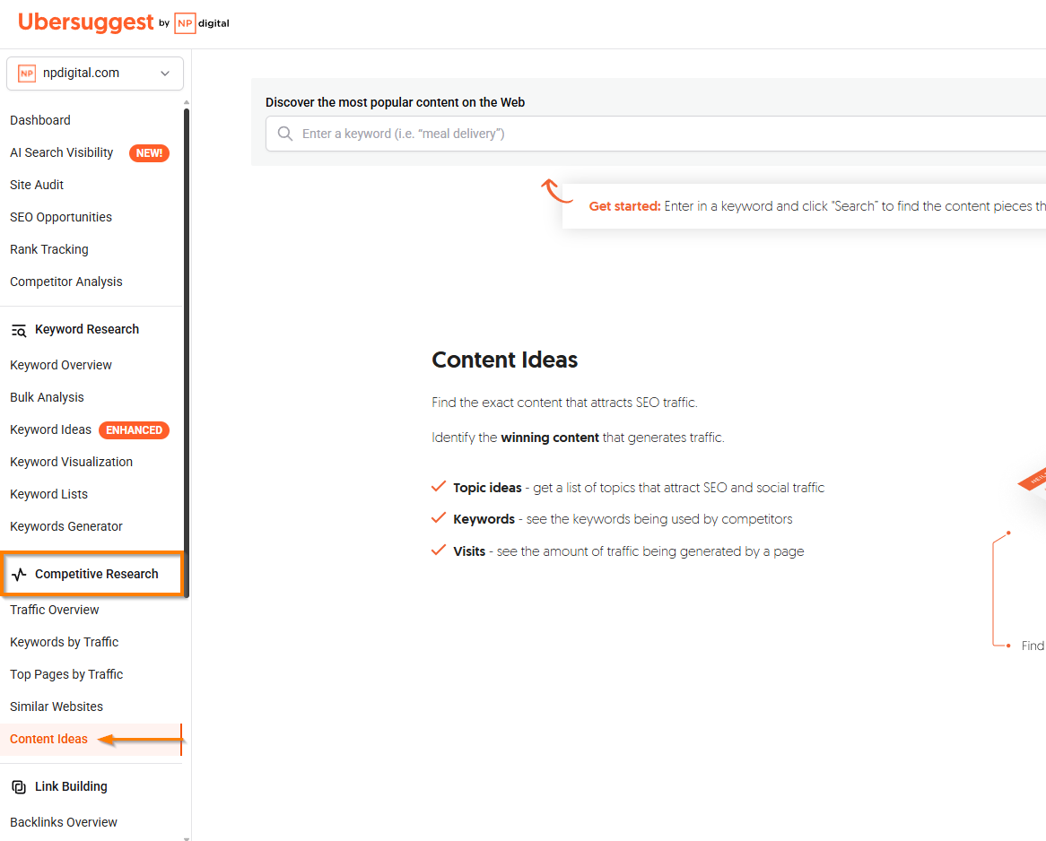 Ubersuggest's dashboard, with an arrow pointing to the Content Ideas tool.