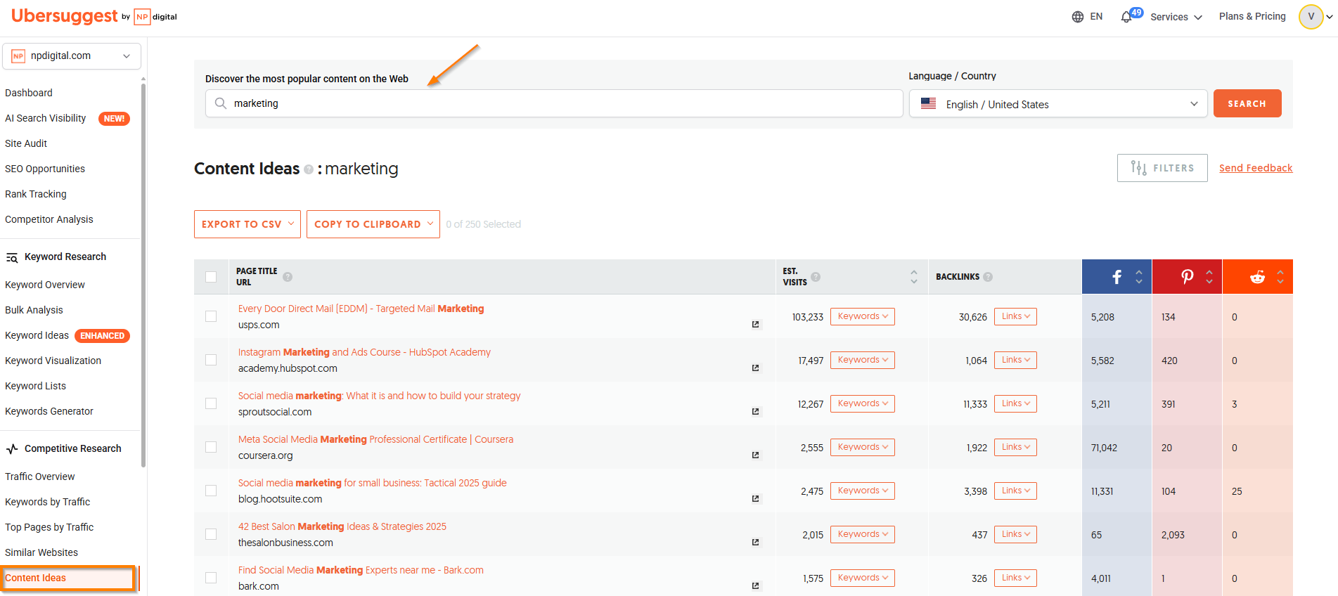 Content Ideas tool, with an arrow point to where you should add the desired keyword.