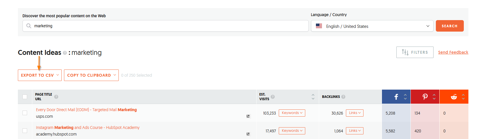Arrow pointing to the Export To CSV button.