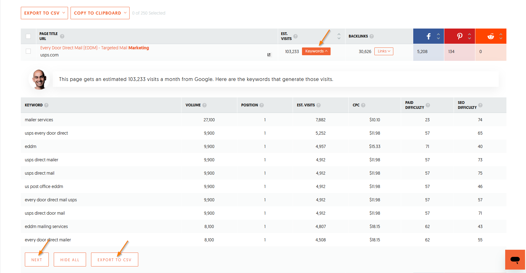 Arrows pointing to the buttons Keywords, Next and Export To CSV.