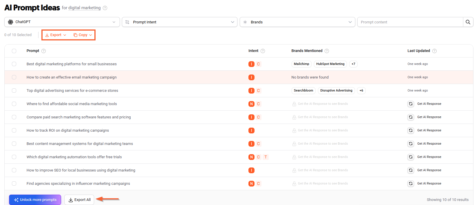 Export options in the AI Prompts Ideas feature.
