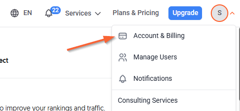 Account Settings option in the drop-down menu at the top right corner in the Ubersuggest tool