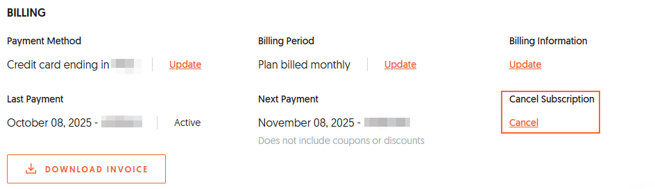 Account and Billing section in Ubersuggest showing the Cancel subscription section and the ¨Cancel¨ button.