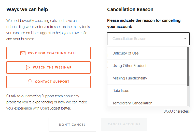 A screenshot from the Cancellation Reason box in Ubersuggest where users need to provide a feedback about their cancellation.