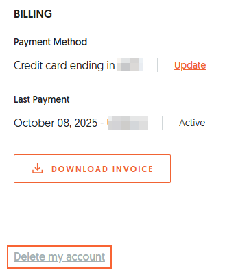 Account and Billing section in Ubersuggest showing the ¨Delete my account¨ button.