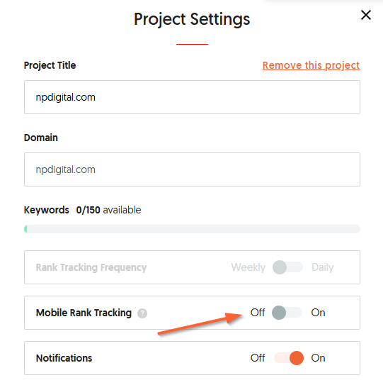 Screenshot of the project settings menu in the dashboard showing the option to enable Mobile Rank Tracking.