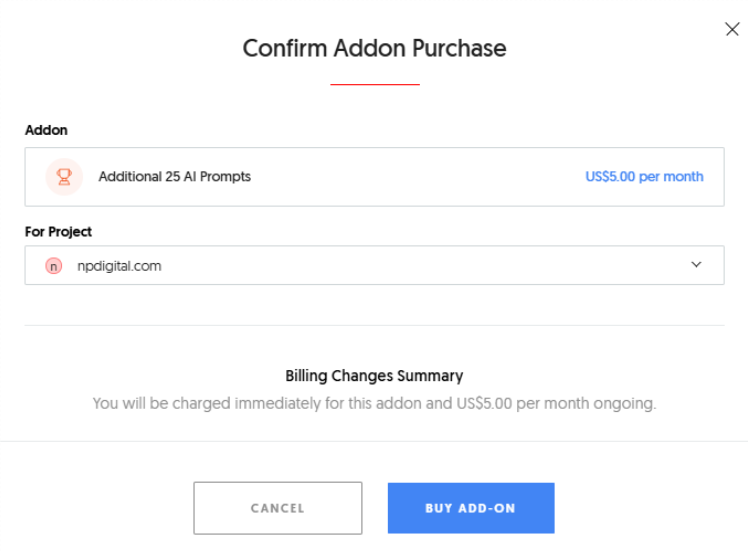 Confirm add-on purchase modal showing Additional 25 AI Prompts, project selection monthly price and Buy Add-On button.
