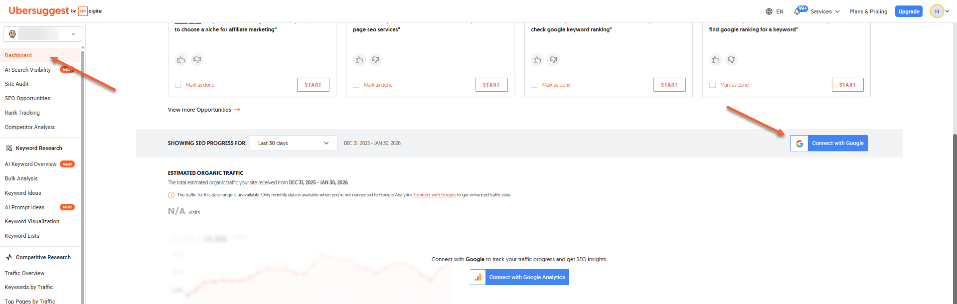 Ubersuggest dashboard showing SEO progress with prompts to connect Google and Google Analytics to track organic traffic and rankings.