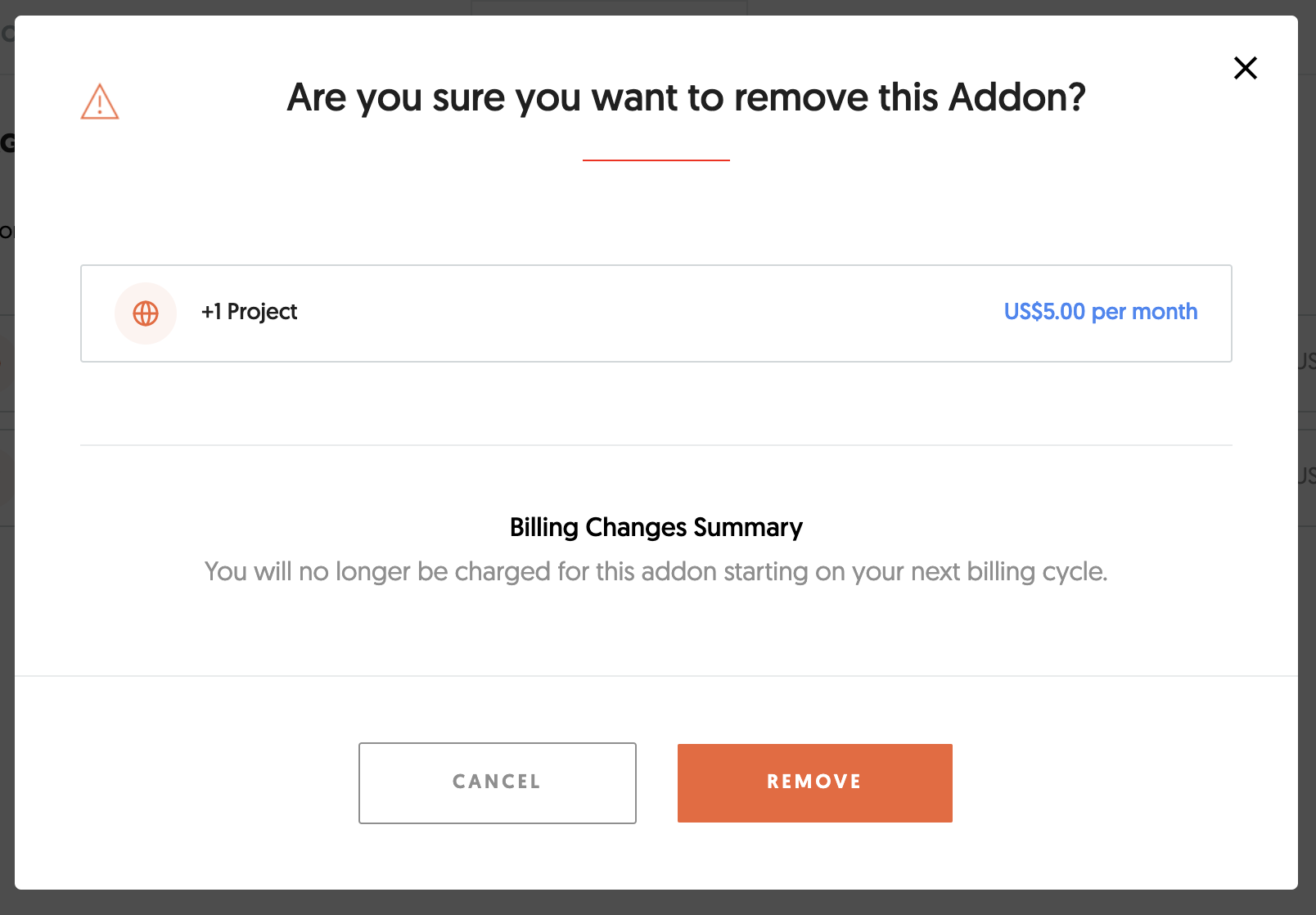 Confirmation modal asking the user to confirm removing the selected add-on.png