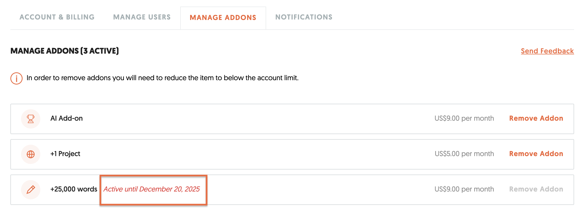 Manage Add-Ons page highlighting the add-on’s active-until date.png