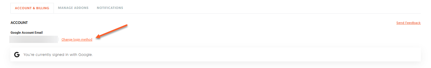 Account & Billing page in Ubersuggest showing the Change login method option for a Google Sign-In account.