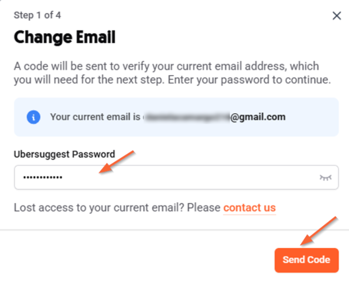 Change Email popup in Ubersuggest prompting the user to enter their password and send a verification code.