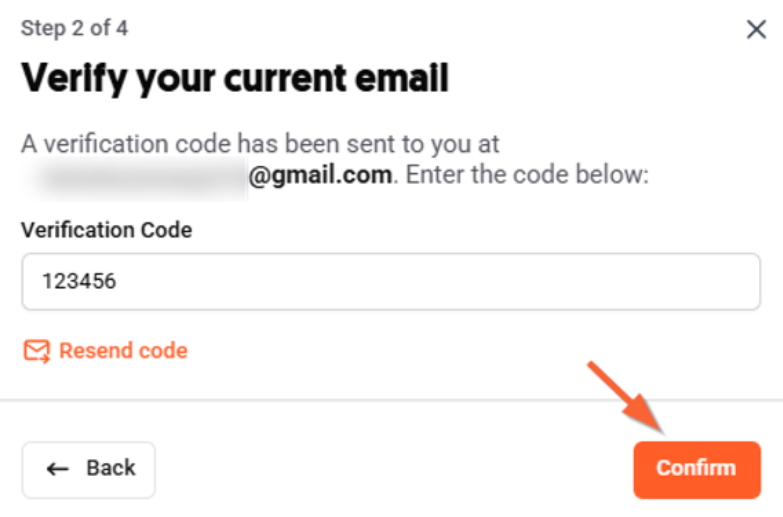 Verify current email step in&nbsp;Ubersuggest&nbsp;showing the verification code field and&nbsp;Confirm&nbsp;button.