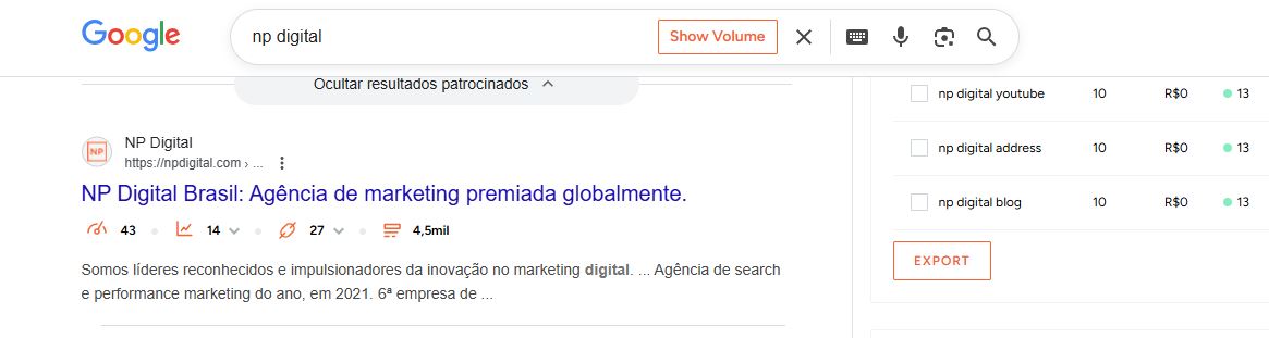 Google search results page displaying keyword metrics provided by the Ubersuggest Chrome Extension.