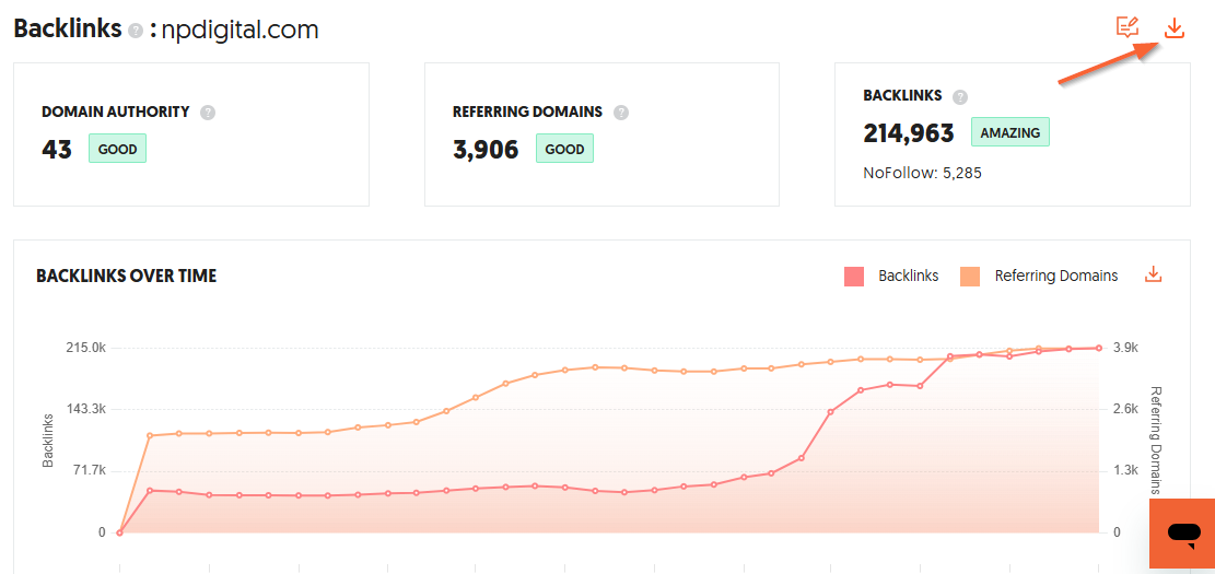 Image showing how to export data from Backlinks Overview section.