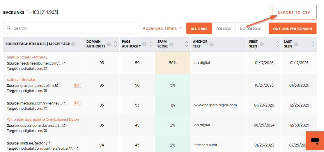 Backlinks report with CSV export option
