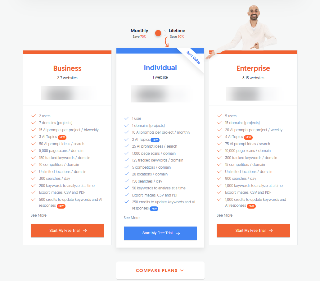 Ubersuggest&nbsp;pricing page showing Business, Individual, and Enterprise plans
