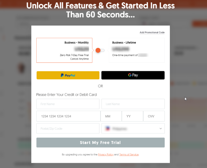 Ubersuggest&nbsp;checkout page showing the Monthly plan selected with payment options and the ‘Start My Free Trial’ button