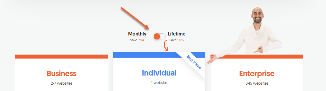 Ubersuggest&nbsp;pricing page showing the Monthly billing&nbsp;option&nbsp;selected, with an arrow pointing to the Monthly toggle above the plan cards
