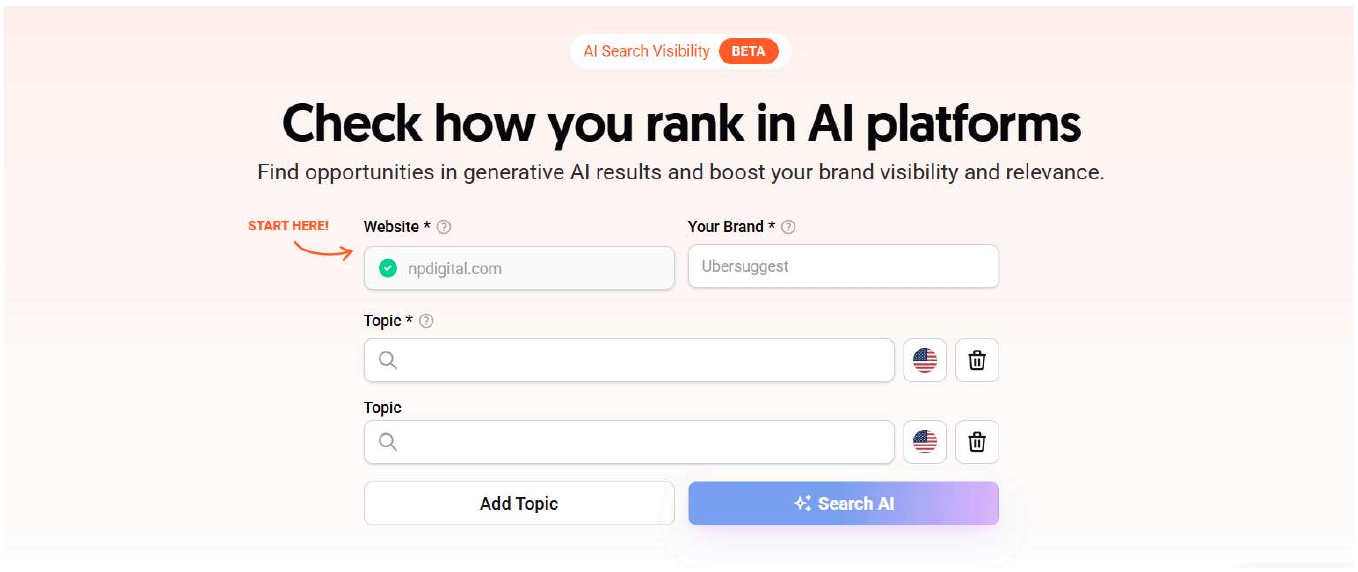 Check how you rank in AI platforms setup form with Website, Your Brand, and Topic fields