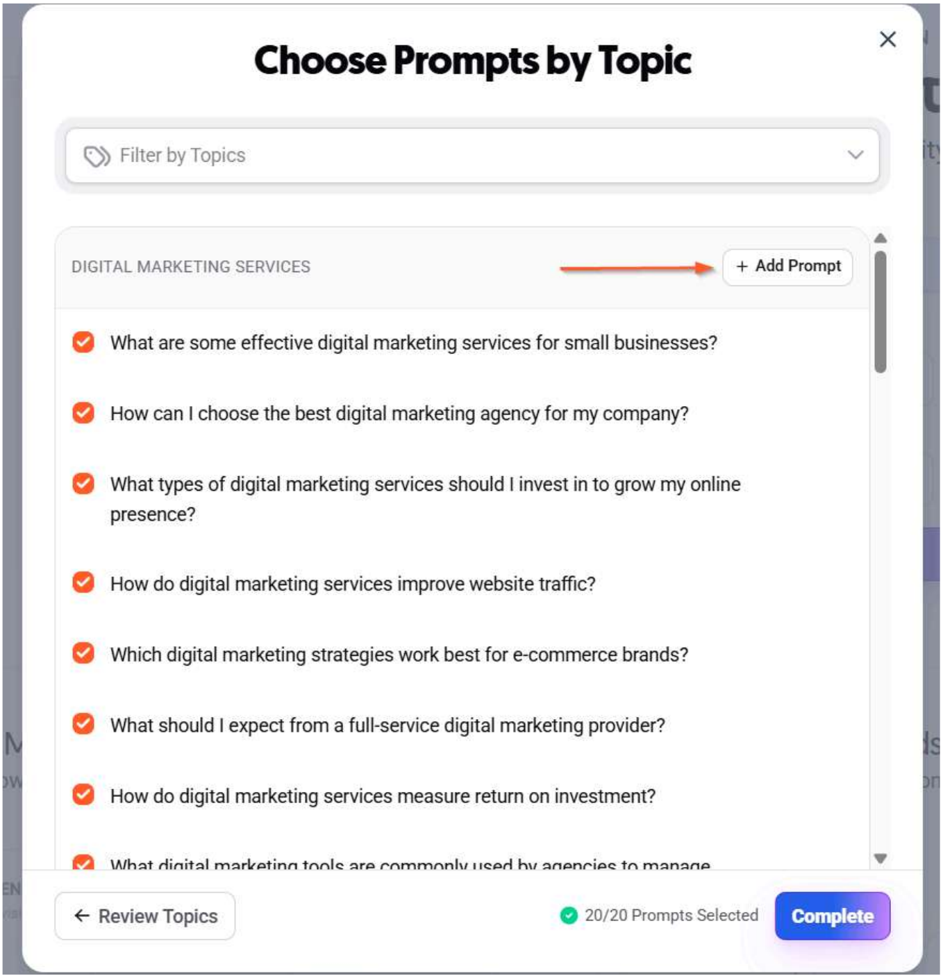 Choose Prompts by Topic modal listing suggested prompts with checkboxes and an Add Prompt button