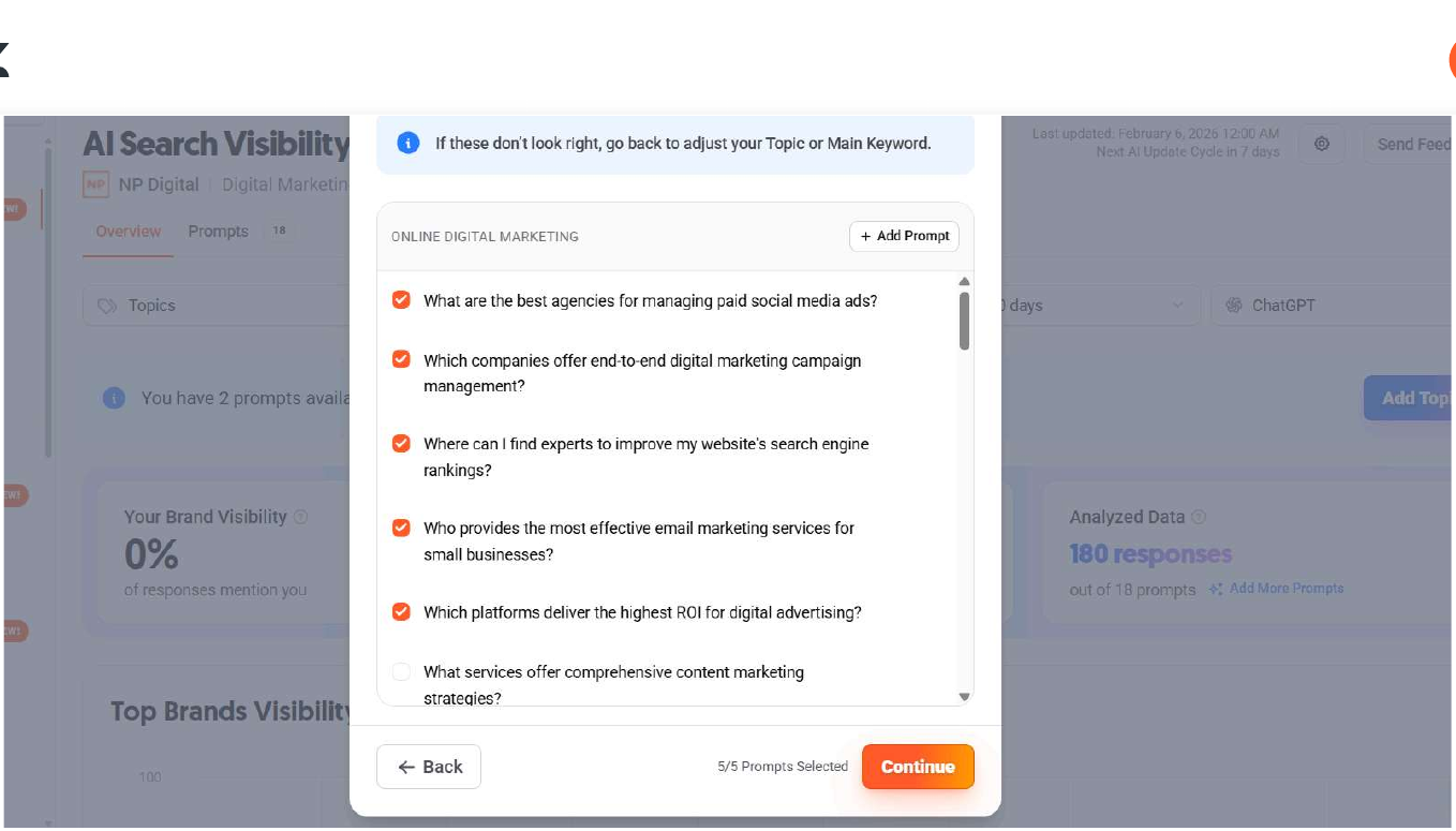 Choose Prompts by Topic modal for a topic, showing prompts to add for a new topic