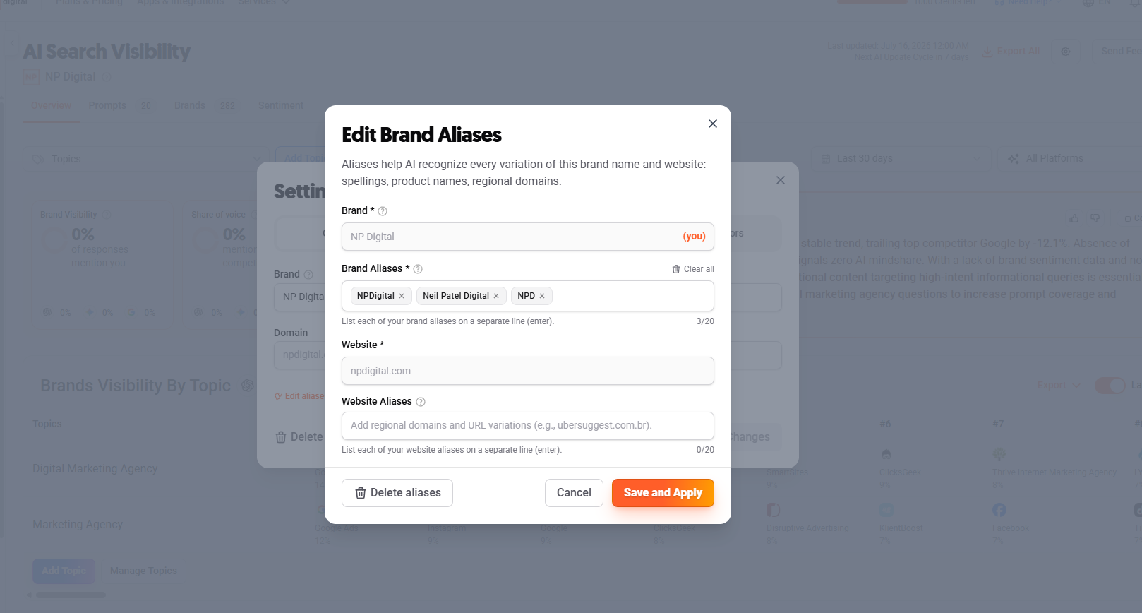 Edit Brand Aliases modal with fields for Brand, Brand Aliases, Website, and Website Aliases