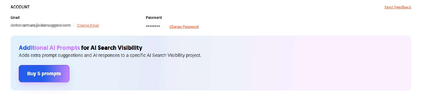 Account page showing the Additional AI Prompts add-on for AI Search Visibility with a Buy 5 prompts button