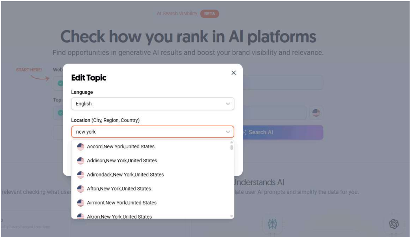 Edit Topic modal with a Location field showing city suggestions for New York, United States