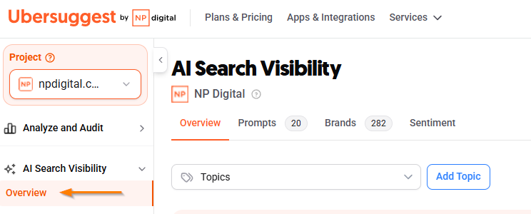 Ubersuggest sidebar navigation highlighting the new AI Search Visibility menu item